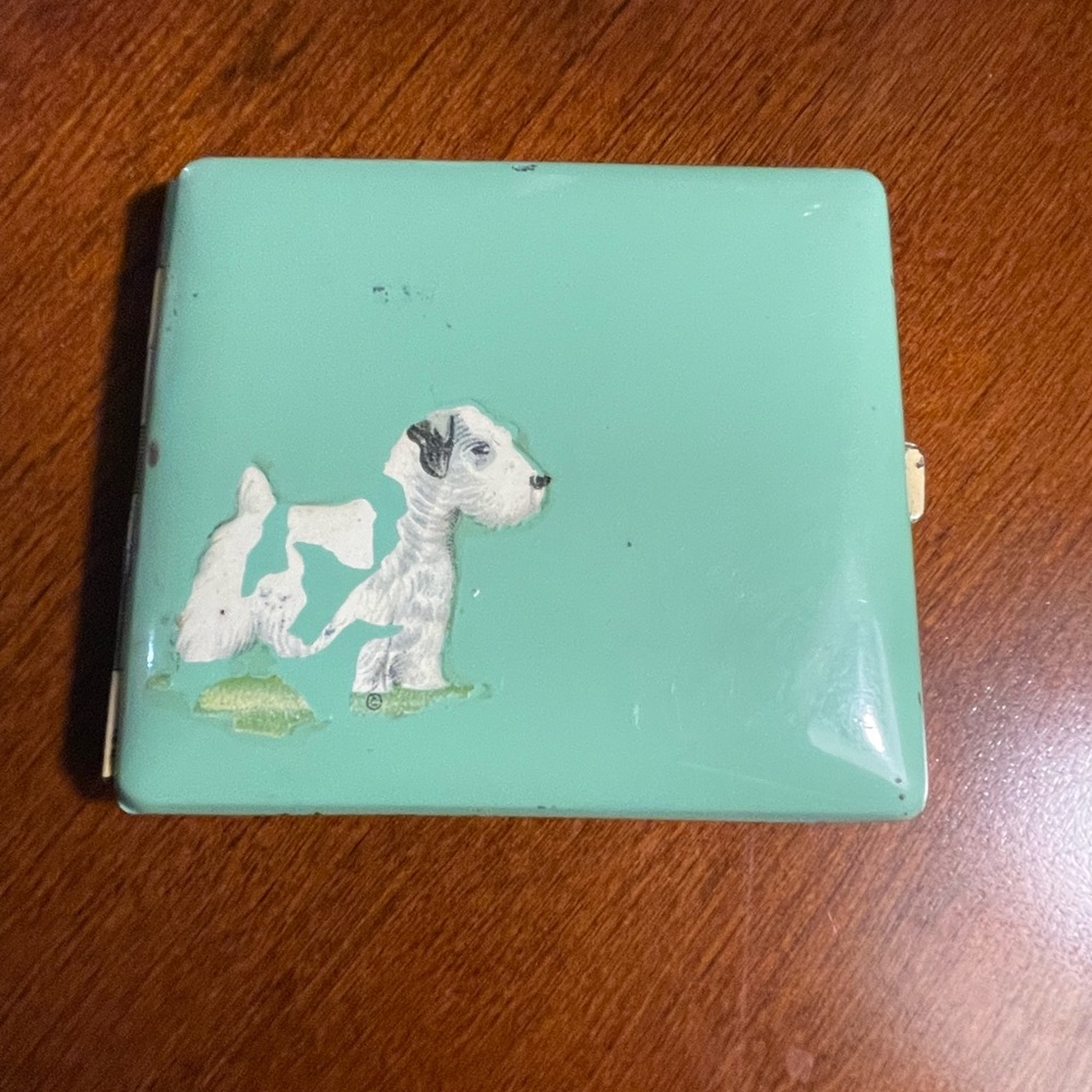 Mint Green Vintage Cigarette Case with Dog Illustration